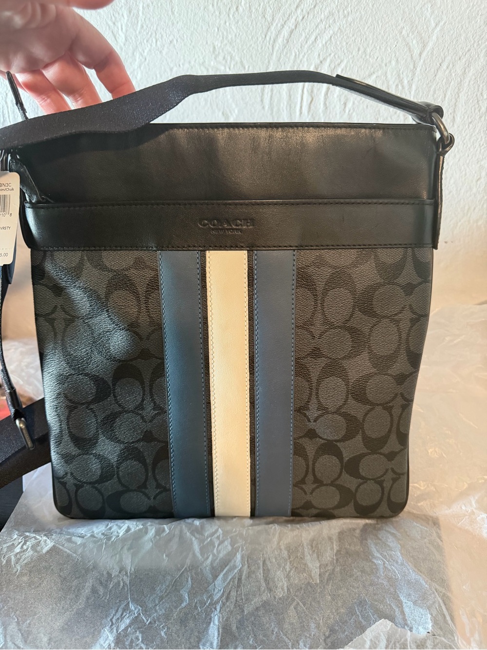 Large Coach Charlie Signature Messenger Bag with Blue and White Center Stripe - Picture 15 of 16